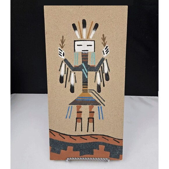 Vintage Native American Navajo Sand Painting Yei-Bei-Chai Dancer Wood Panel 12" - Picture 2 of 10